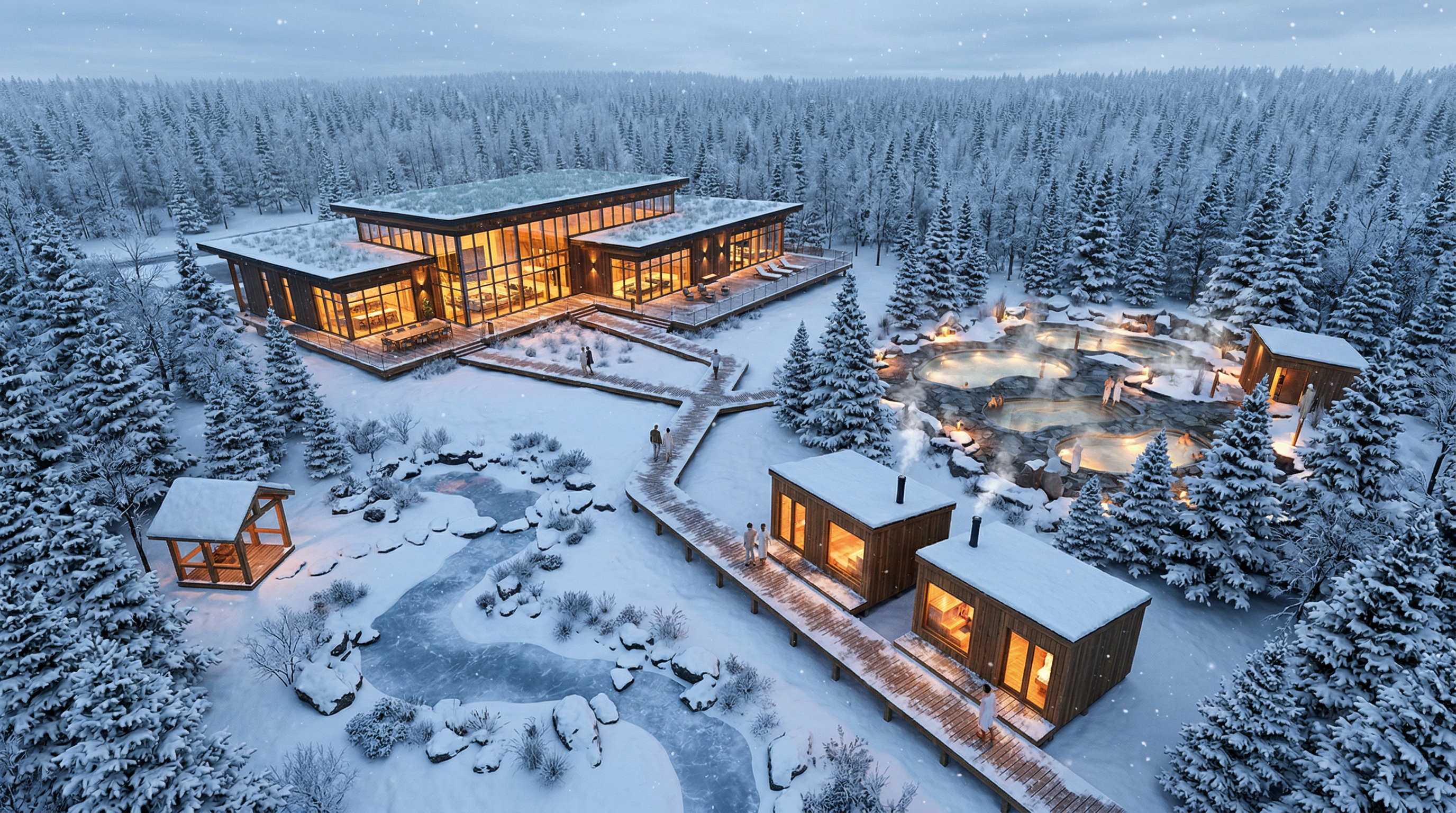 Architect's vision concept rendering of Sanctuaire Québec spa facility